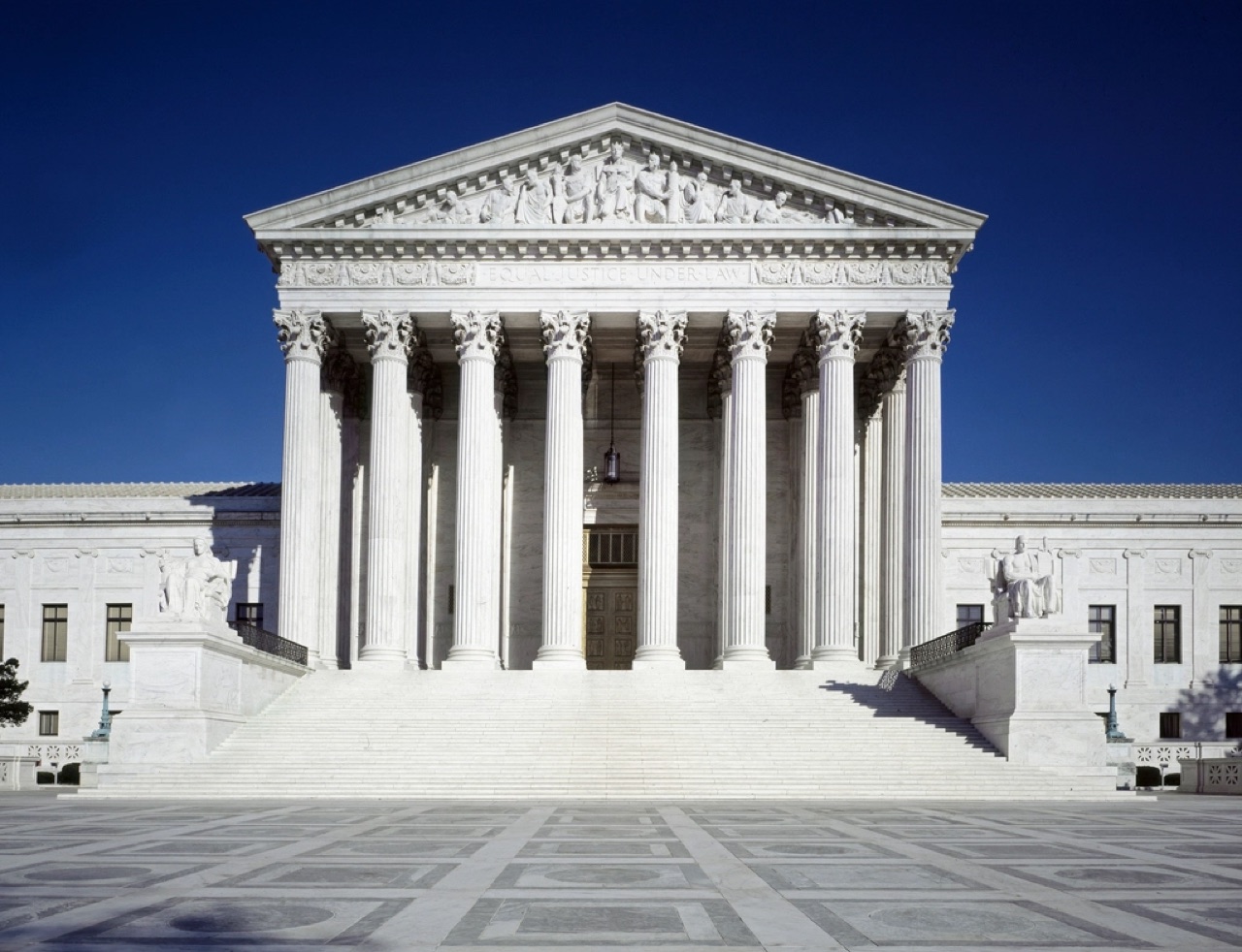 The front facade of the United States Supreme Court building in Washington, D.C.